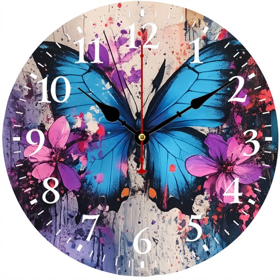 Blue Butterfly Wall Clock 9.84 Inch, Abstract Floral Decorative Round Analog Clock with Easy to Read Numbers, Battery Operated Non-Ticking Decor for Living Room Bedroom Office