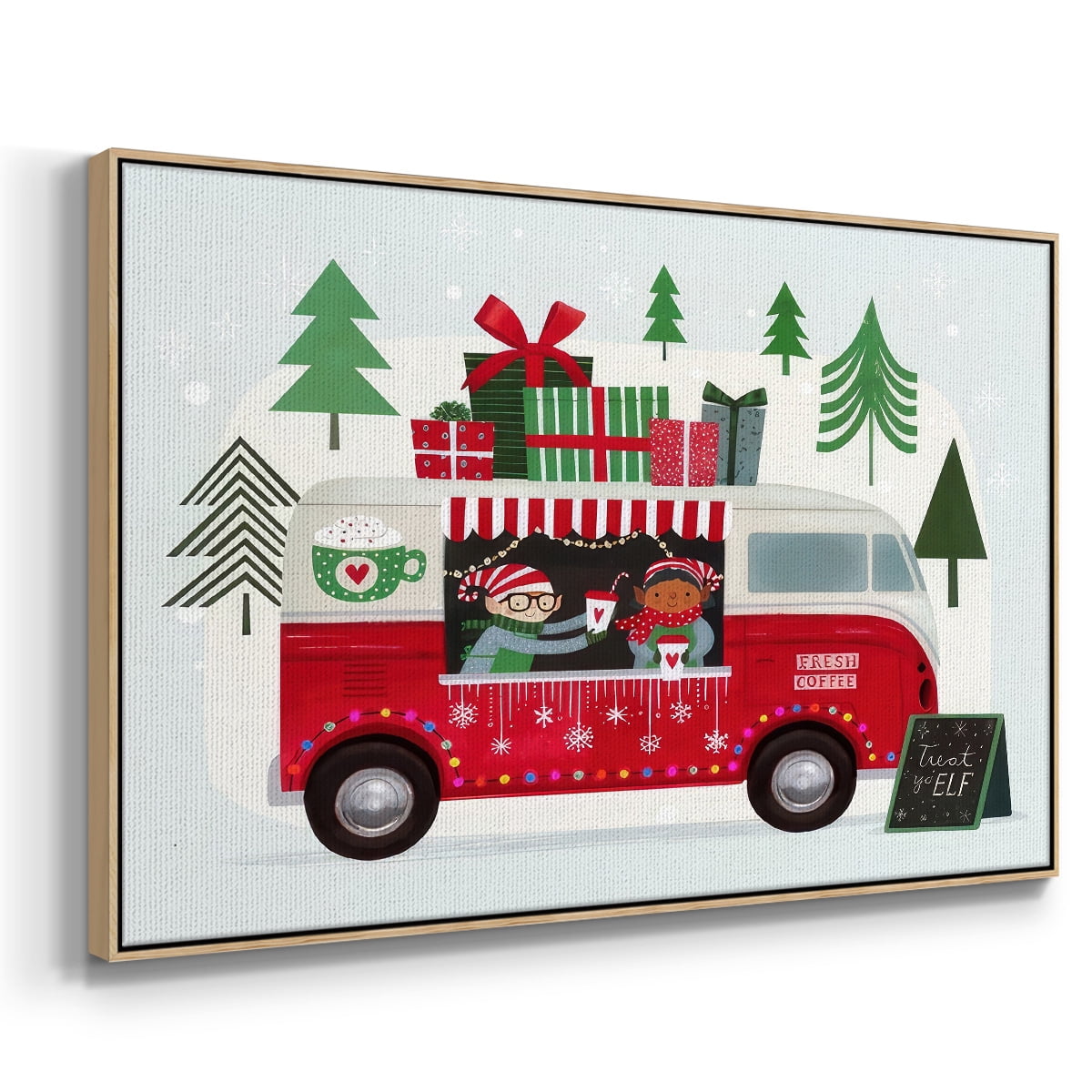 Santa's Foodtruck Collection A - Framed Gallery Wrapped Holiday Canvas - 17 x 25 - Natural Wood Frame
