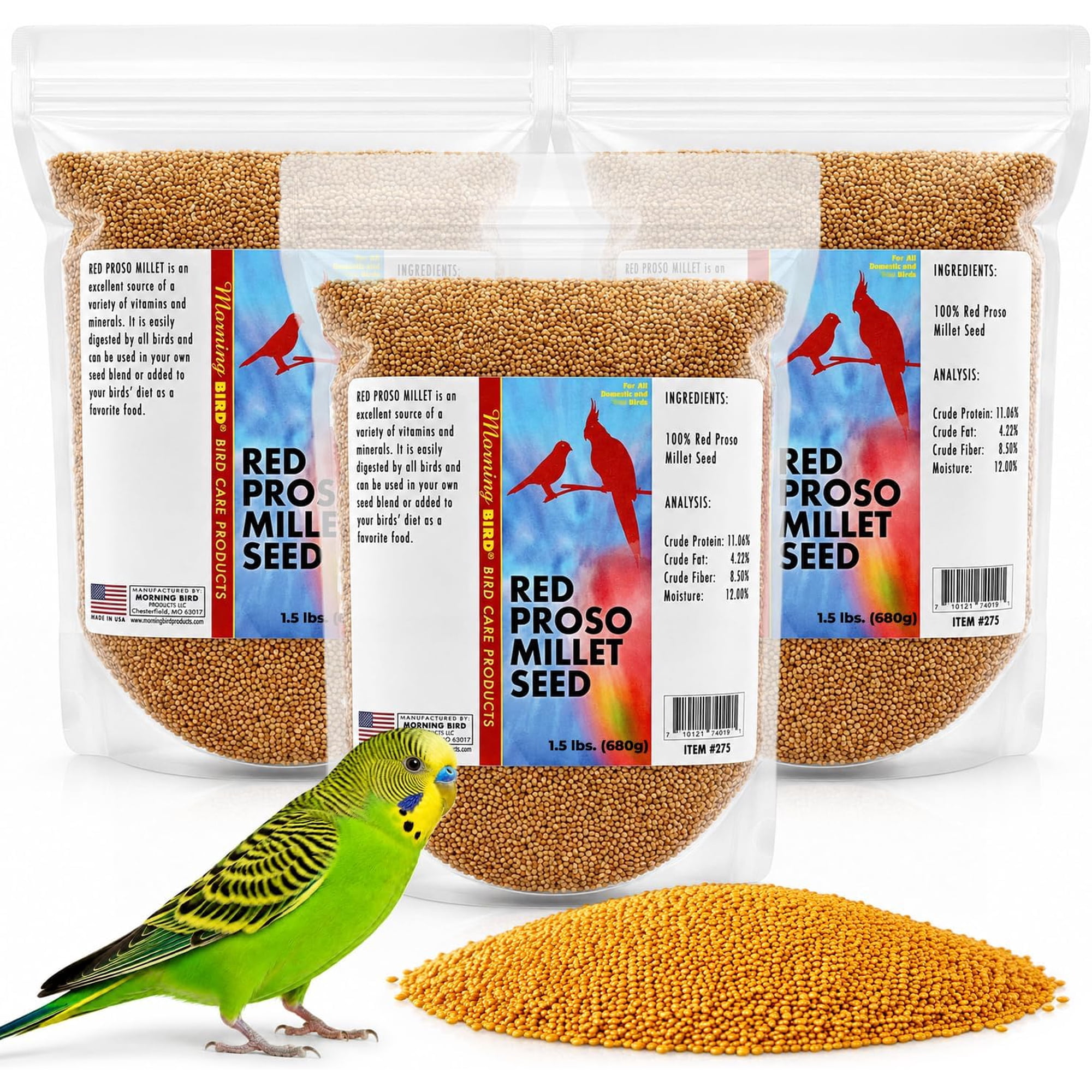 Morning Bird Red Proso Millet Bird Seeds 4.5 lbs (3-Pack, 1.5 lbs Each) – Natural Seed Food for Parakeets, Finches & Cockatiels