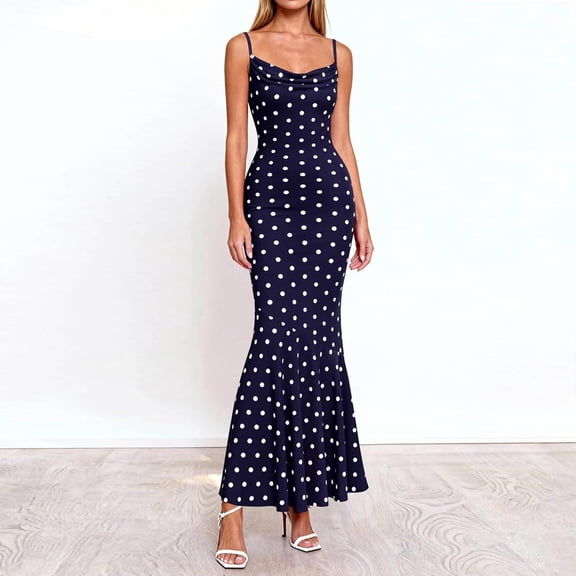 YueHuiYing Women's Summer Sexy Square Neckline Waist-Defining Polka Dot Print Strapless Fishtail Maxi Dress