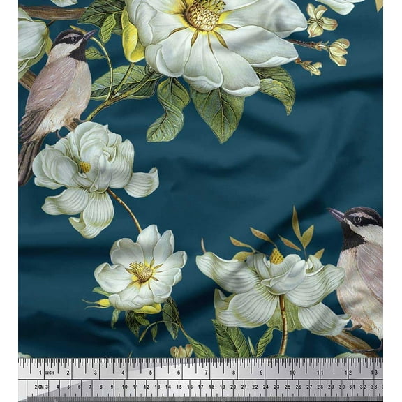 Soimoi Blue Cotton Duck Fabric Leaves,White Floral & Bird Decor Fabric Printed BTY 42 Inch Wide