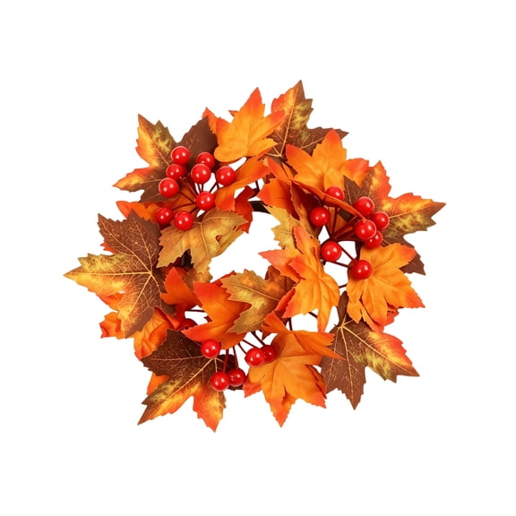 Fall Candle Rings Wreaths 10inch Small Autumn Wreath with Maple Leaves Red Berries for Home Harvest Thanksgiving Table Centerpiece Decor, 1-Pack