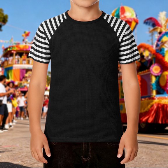 Wuxian Boys Carnival Shirt Classic Stripe Print Round Neck Short Sleeve Tee Top Casual Fashionable Comfortable Breathable Raglan Sleeve Relaxed T-Shirt Blouse Basic Tees,Black,3-4 Years