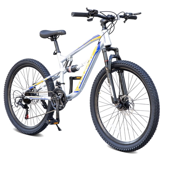 24 Inch Mountain Bike, Full Suspension 21-Speed Mountain Bicycle with Dual Disc Brakes, Carbon Steel Frame MTB Bike for Teenagers Adult Men Women, Silver