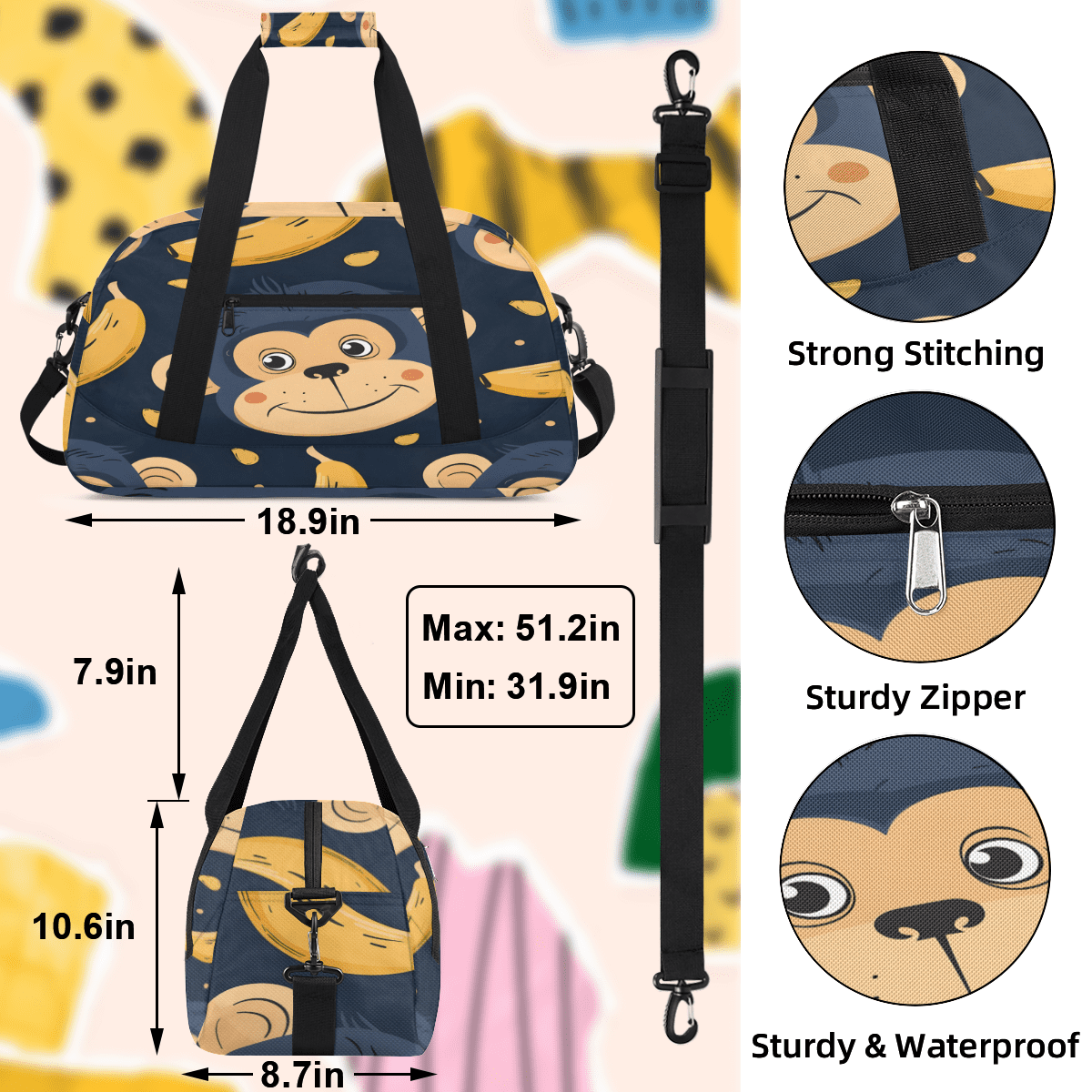 Herdesigns Monkey Sports Duffle Bag for Women & Men, Banana Gym Bag Dance Bag Overnight Bag Carry On Weekender Travel Bag