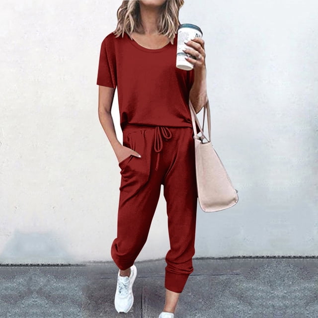 Puntoco moda mujer verano sólido botón casual manga corta top+pantalón conjunto liquidación Puntoco Puntoco-3969