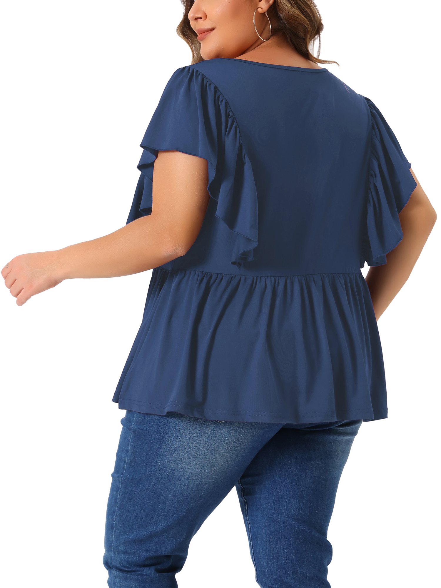 DARING DIVA Women's Plus V Neck Ruffle Sleeve Pleated Peplum Blouse 4X Navy Blue