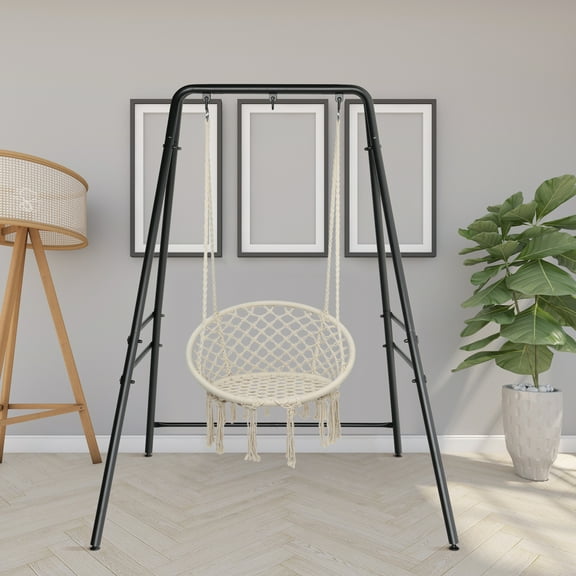 Heavy Duty Wrought Iron Hanging Chair Stand - 200kg Capacity 3-Ring Frame - Sturdy 4-Leg Base for Indoor/Outdoor Use