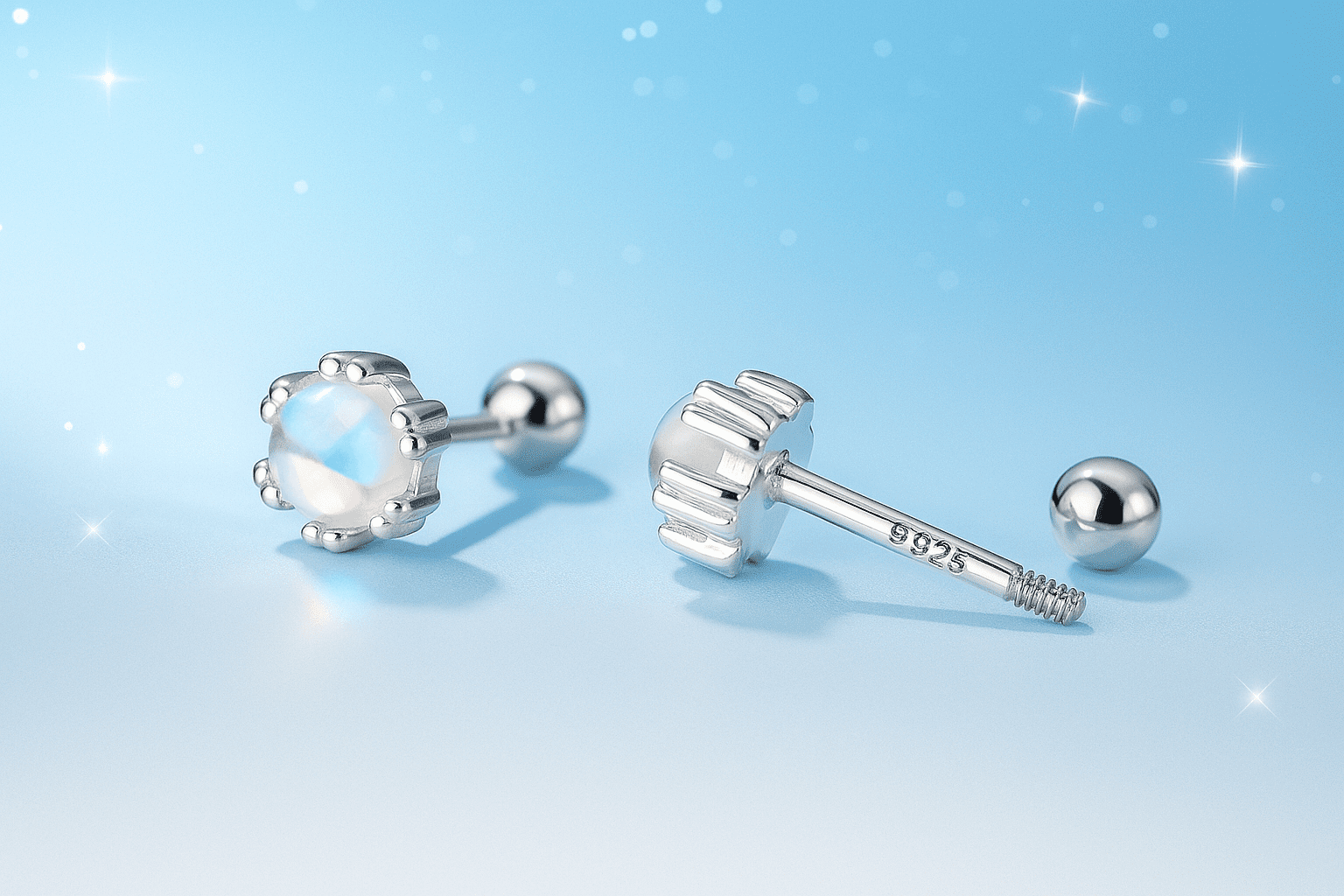 RYSKYJEWELRY Screw Back Stud Moonstone Earrings in Sterling Silver, Adult