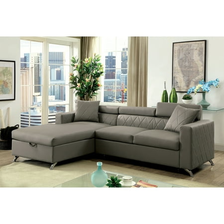 Sectionals With Storage Furniture of America Klenins Contemporary Tufted Grey Leather Sectional with Pull-out Bed and Storage Chaise ()