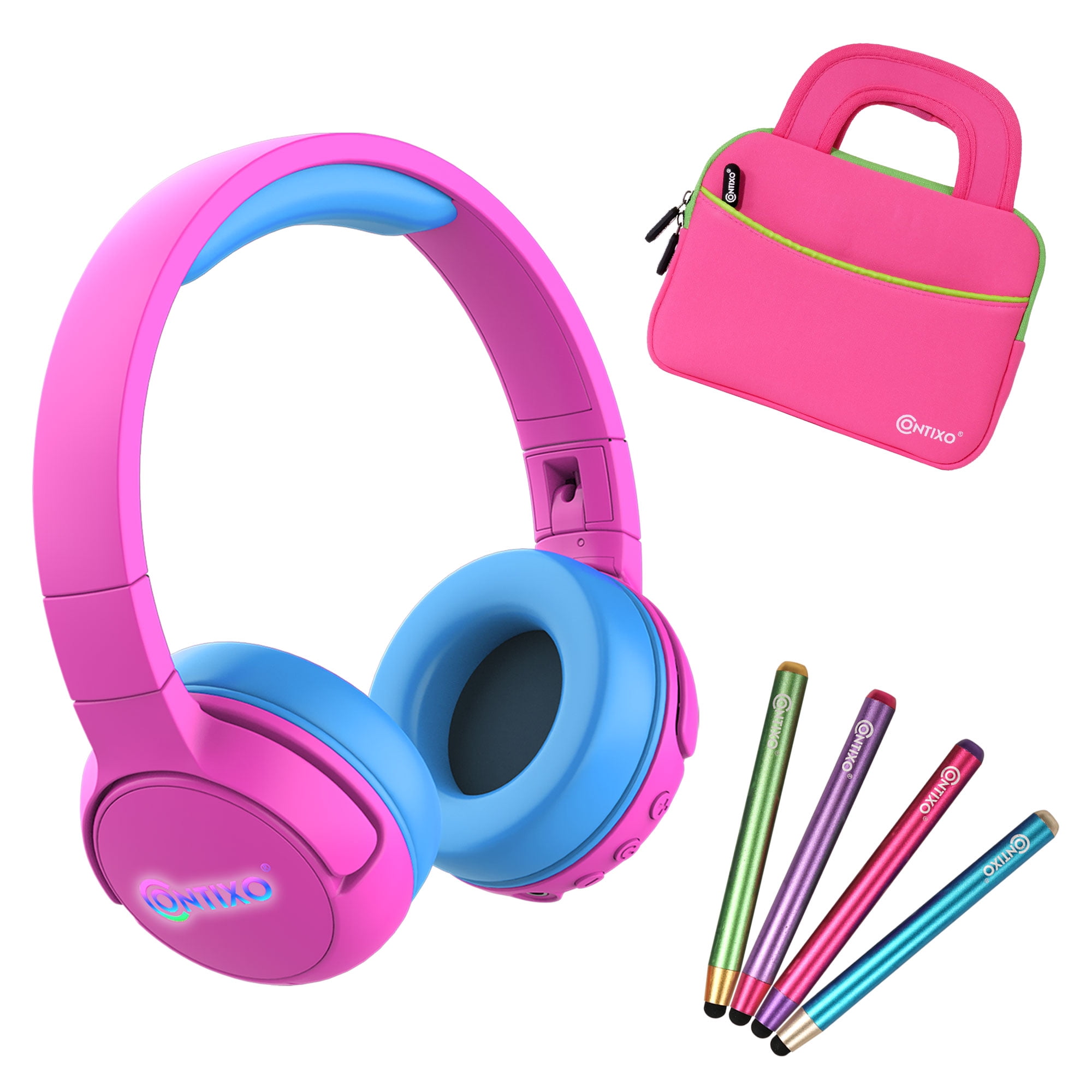Contixo Tablet Accessories Bundle - Kids Safe 85dB Bluetooth Headphone, 4 Colors Stylus pack and Tablet Bag-Pink Set - Walmart.com