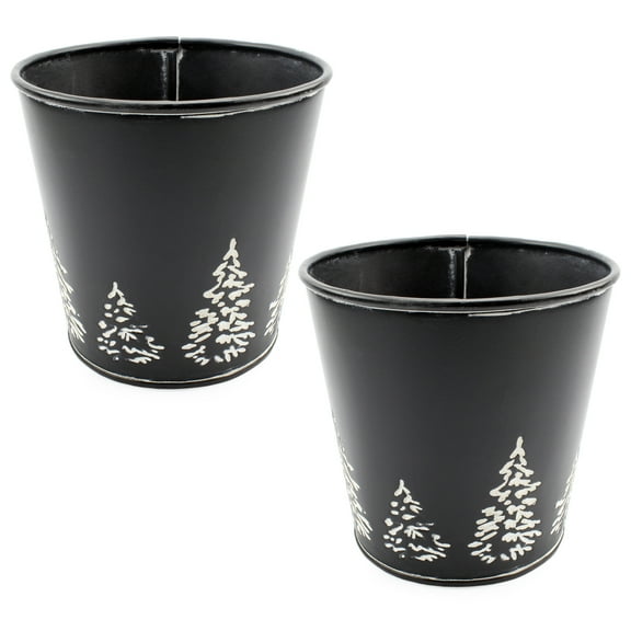 AuldHome Design Mini Christmas Tree Buckets (2-Pack, Black); Metal Tree-Embossed Decorative Centerpiece Planter Pots