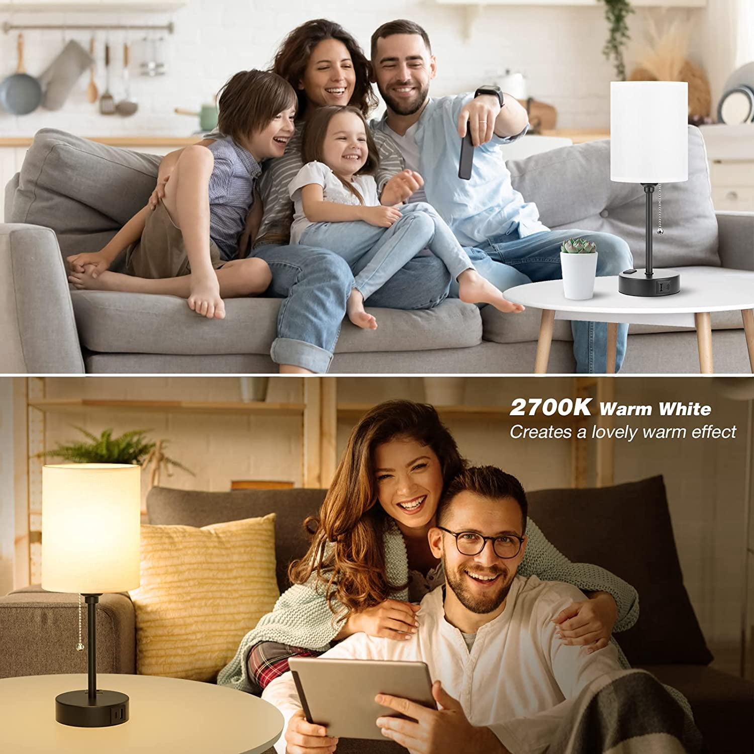 CAALOGT Table Lamp with USB Ports, AC Outlet, 3 Color Temperatures, 14.6 inch Bedroom Lamp