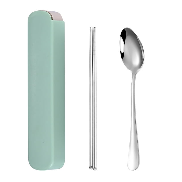 Hi,Fancy Portable Chopsticks Spoon Set Stainless Steel Student Office Cutlery with Storage Box, Thick Style, Green, 2Pcs
