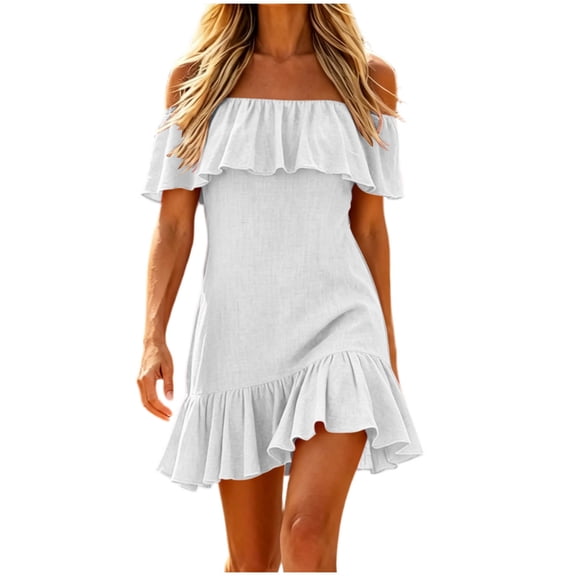 Ahabrexf Off Shoulder Summer Dresses for Women, Ruffle Border Linen Look Solid Color Mini Sundress, Casual Flowy Short Dress for Beach Vacation Daily Wear