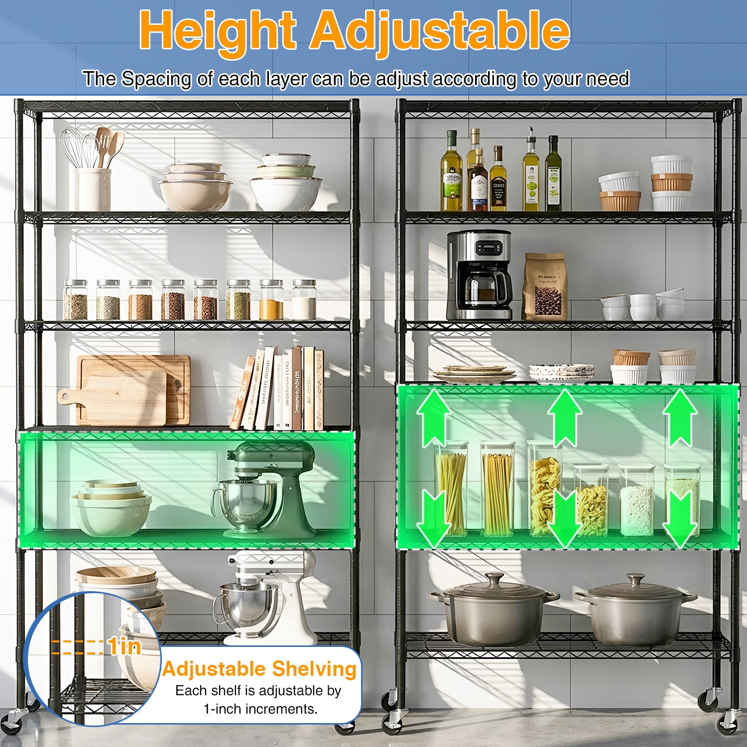 BestOffice 6 Tier Wire Shelving Unit with Wheels 2100LBS Capacity-18x45x82, Black