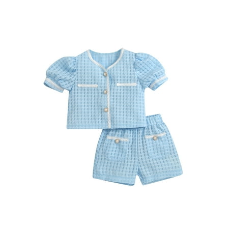 

wybzd Little Girls Elegant Blue Textured Pattern Lace Trim Pearls Buttons Short Puff Sleeve Tops Shorts 2PCS Set 2-7 Years