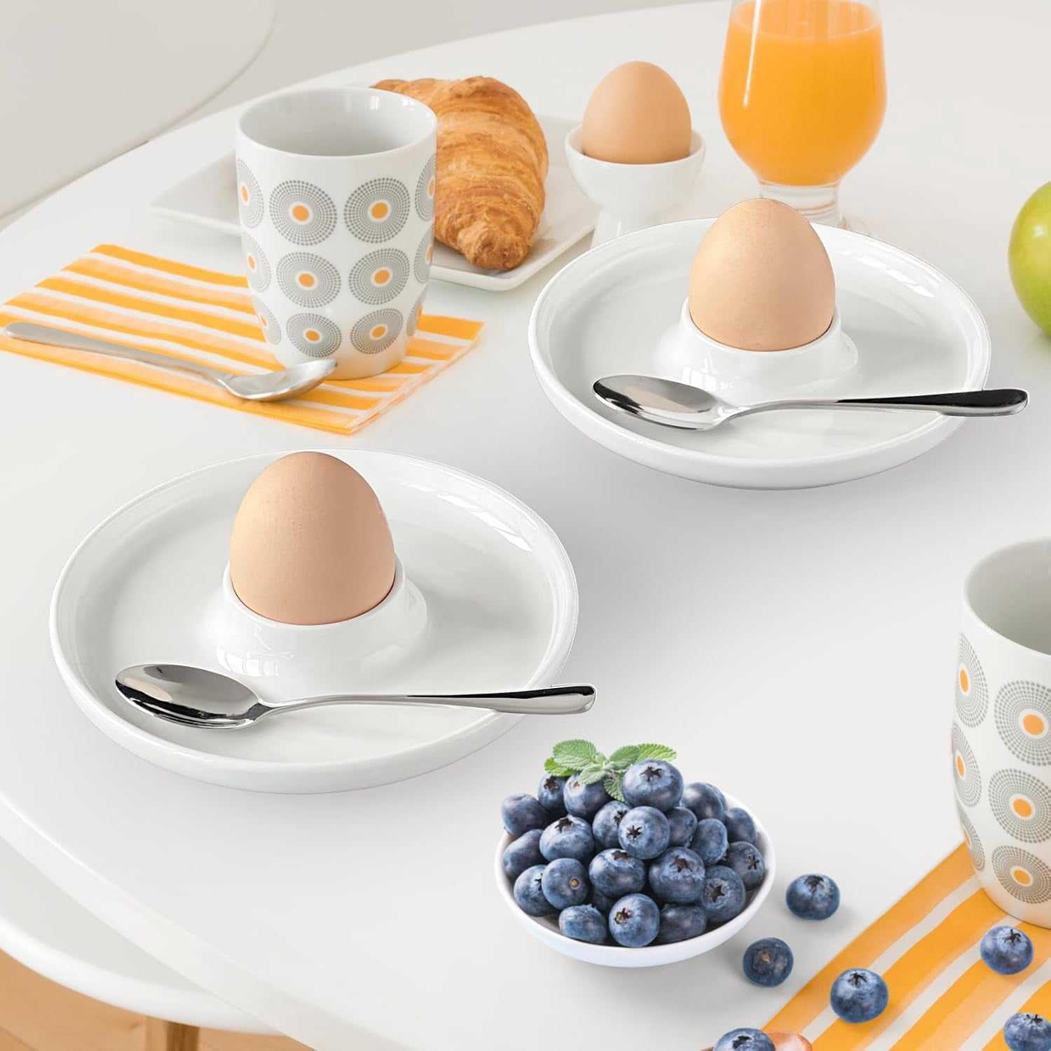 Egg Holder & Spoon Set, Ceramic Egg Holders with Stainless Steel Spoons, White Breakfast Plate, Food Container for Hard Boiled Eggs, Easter and Desserts