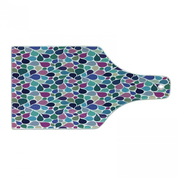 Abstract Cutting Board, Digital Raindrops Leafage Creative Contemporary Style Print, Decorative Tempered Glass Cutting and Serving Board, Wine Bottle Shape, Multicolor, by Ambesonne