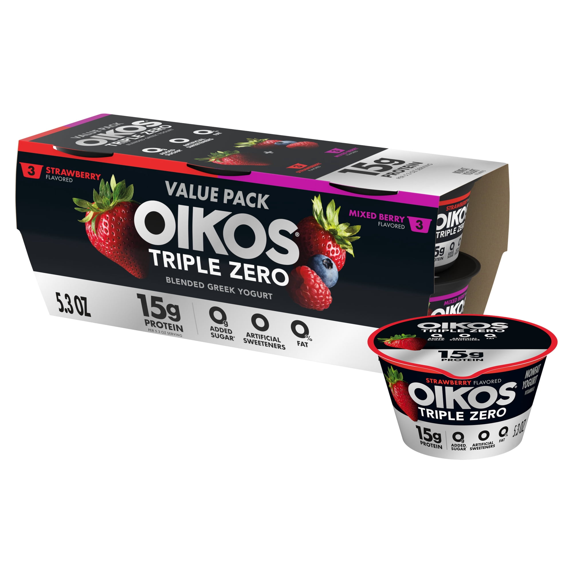 Oikos Triple Zero 15g Protein Strawberry and Mixed Berry Greek Yogurt, 90 Calories, 0g Added Sugar and 0 Artificial Sweeteners, Nonfat Yogurt Pack, Great for Office Snacks, 5.3 oz Cups, 6 Count