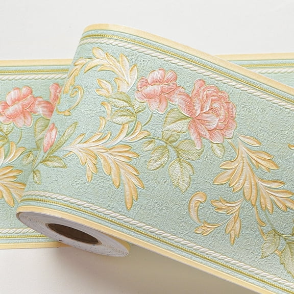 A-b-cil Green Floral Wallpaper Border Decor 196"X4.1" Peel and Stick Wall Border Waterproof Tiles Sticker Wallpaper Self Adhesive Removable Wall Stickers for Bedroom Living Room Decor