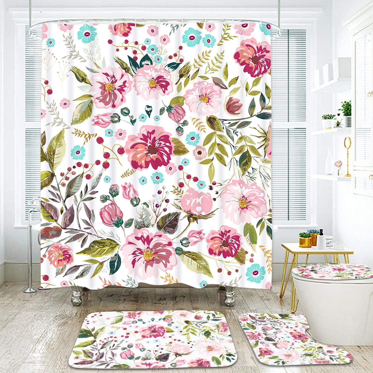 4 Piece Flower Shower Curtain Sets With Non Slip Rug 4 Piece Flower Shower Curtain Sets With Non Slip Rug