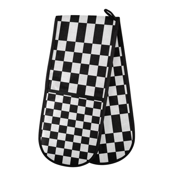 35" x7" Double Oven Mitt Heat Resistant Oven Gloves Withstands Up to 200°C for Kitchen Baking & BBQ Black and White Check
