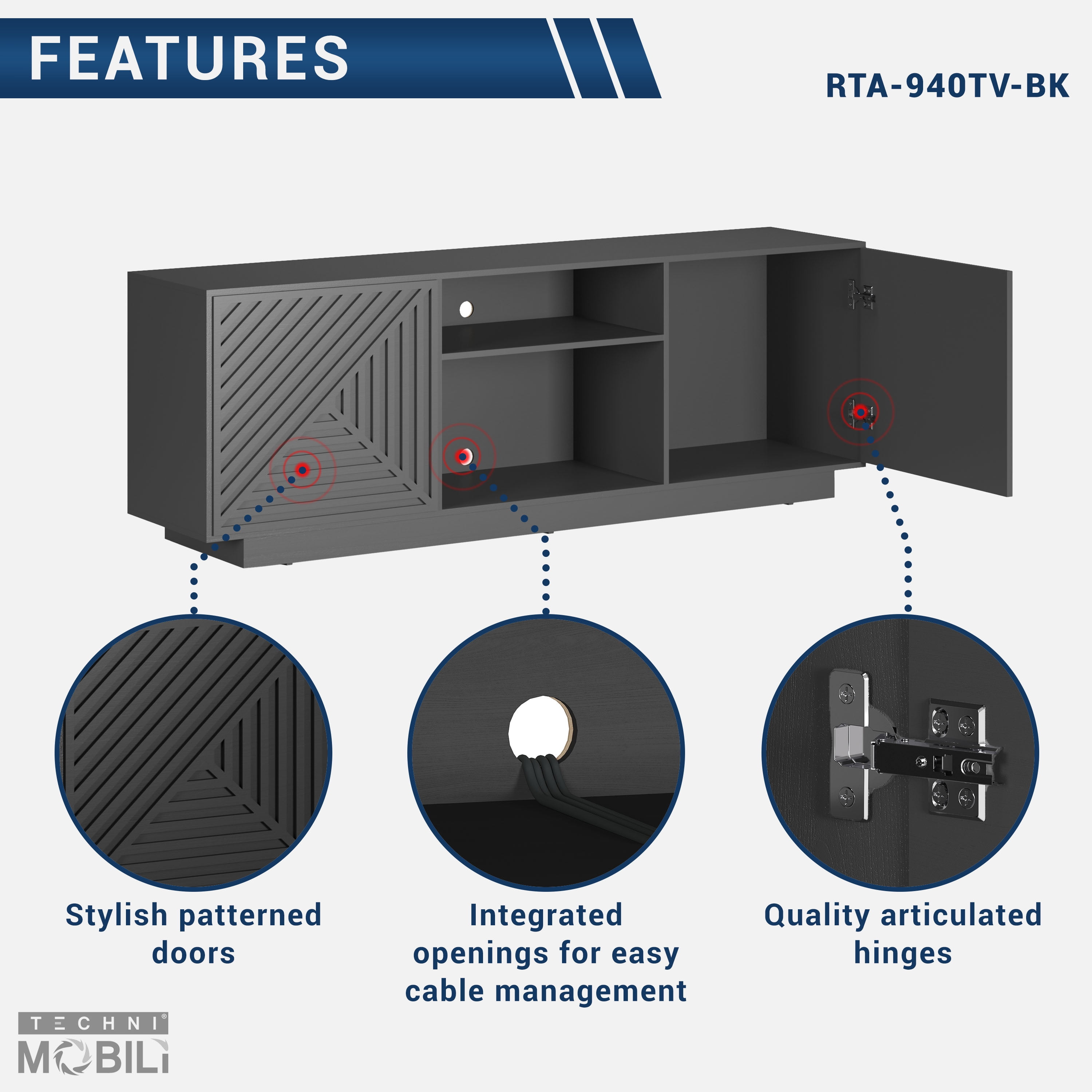 Techni Mobili Modern TV Stand for TV’s up to 70” with 2 Storage Cabinets with Patterned Doors, Black RTA-940TV-BK