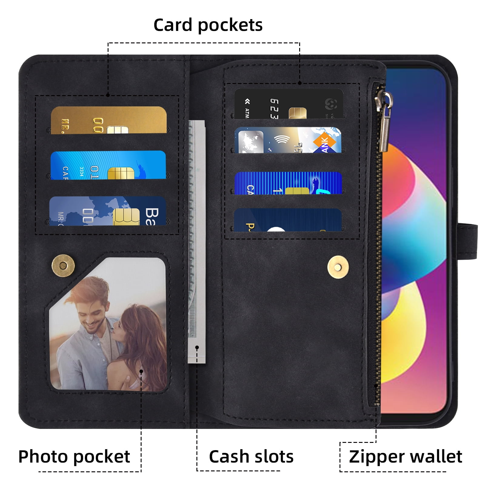 Asuwish Phone Case for TCL 50 LE/K23/K24 Wallet Cover With Tempered Glass Screen Protector Crossbody Wrist Strap Flip Pattern Zipper Card Holder Cell TLC 50LE/K 24 T434D/23 T434W TCL50LE T510SP Black