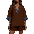 thumbnail image 4 of Delconic Women Bohemian Print V Neck Short Sleeve Top and Split Hem Shorts Two Piece Summer Set for Casual and Daily Wear Brown L, 4 of 6