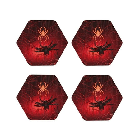 

Fuzoiu Black Spider Web With Spiders Print Leather Coasters Set Drink Coasters Set of 4 for Tabletop Protection Durable PVC Coasters Home Décor and Housewarming Gift-Hexagon