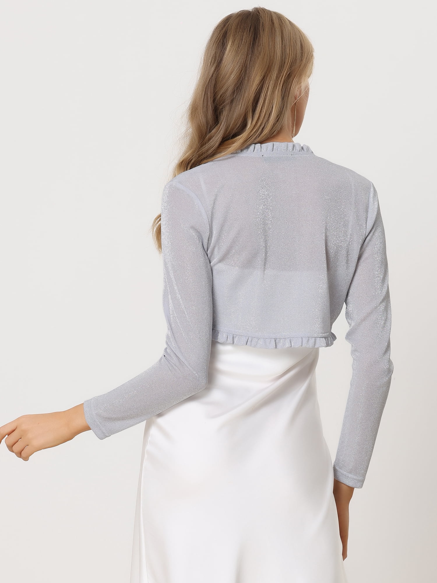 Unique Bargains Women's Elegant Long Sleeve Glitter Crop Ruffle Bolero Shrug M Silver