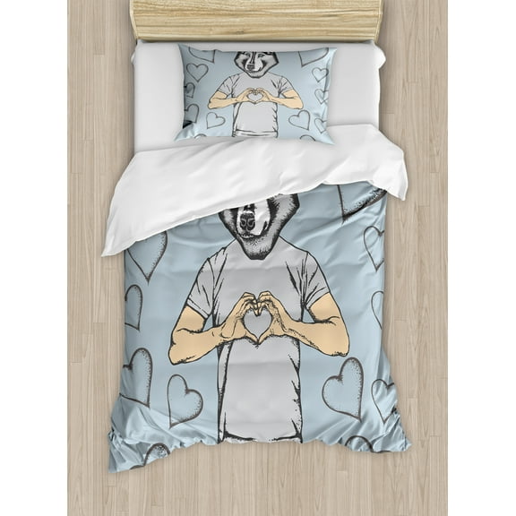 Modern Duvet Cover Sets, Husky Dog Faced Man at Valentines with Hearts Romantic Love Display, Bedding Set with 2 Duvet Covers & 2 Pillowcases, 2 Pack Twin Size, Sand Brown Slate Blue, by Ambesonne