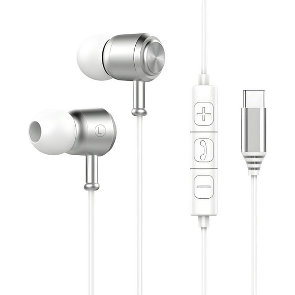 GJX Wired Headphones USB C,HD Sound In-Ear Earphones with Mic,Alloy Built Volume Control Earphones,Universal USB C Wired Earbuds,White
