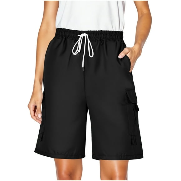 Ymauqau Cargo Shorts for Women Twill Elastic High Waisted Drawstring Bermuda Shorts Travel Hiking Shorts Summer Casual Shorts