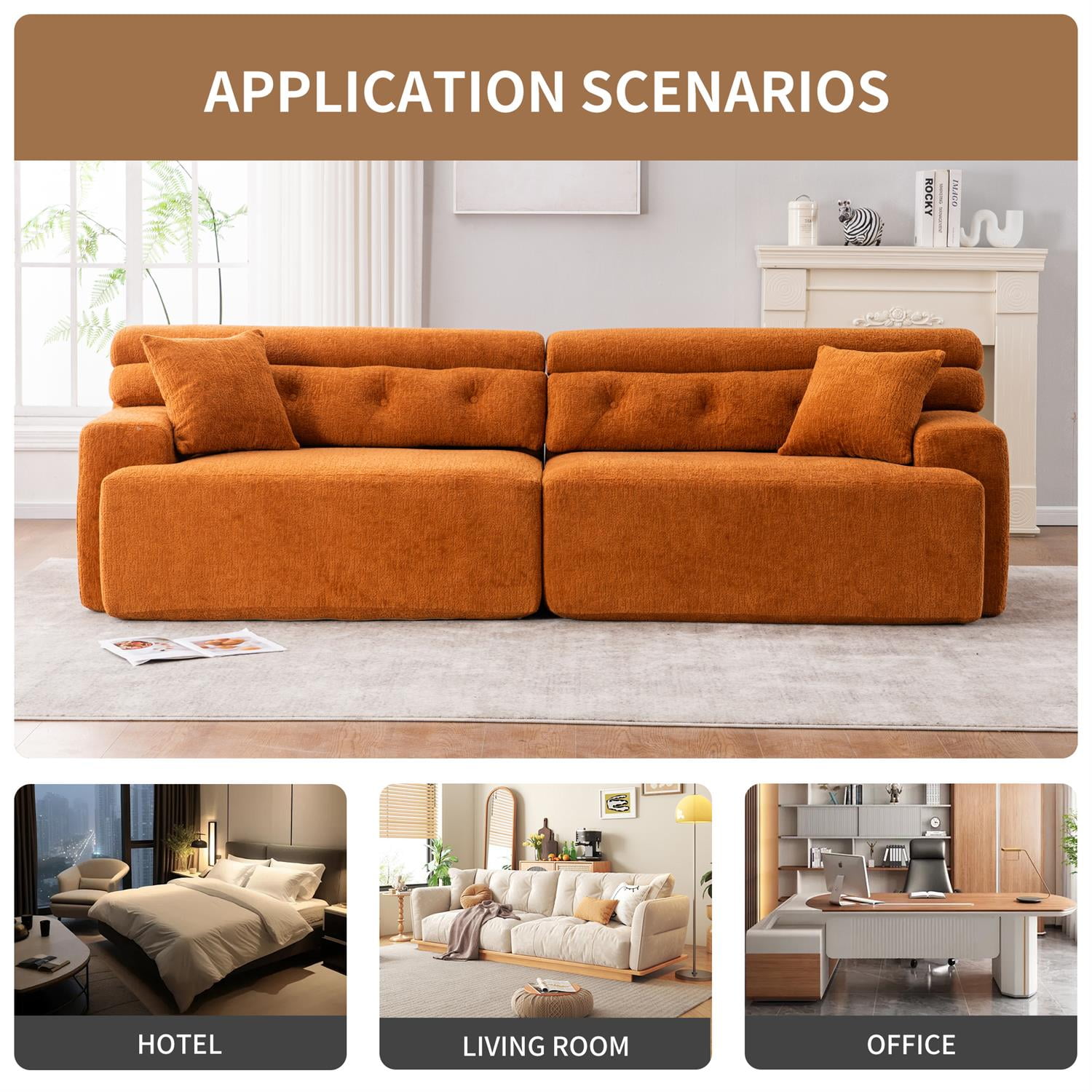 Demi Bonn 103" 4-Seater Compression Sofa Couch with Wood Grain Chenille Fabric, Full Sponge Cushion and 2 Cozy Pillows for Living Room, Orange