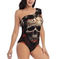 thumbnail image 3 of Zufioo Vintage Butterfly Flower Skull Print One-shoulder Ruffled One-piece Swimsuit, High Elastic Integrated Removable Chest Pad Swimsuit Suitable for Beach, Pool and Vacation-X-Large, 3 of 6