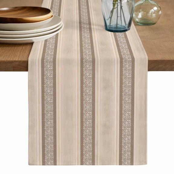 Brown Beige Striped Cotton Linen Table Runner for Dining Kitchen, Boho Ethnic Modern Abstract Art Wedding Outdoor Party Tablerunners Decoration, Dresser Scarf Coffee Tablecloth Runners 13x108 Inches