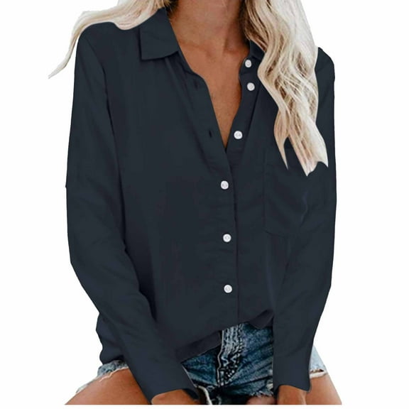 IROINNID Shirts for Women Long Sleeve Causal Button Down Blouse Long Sleeve Fall T-Shirt Summer Tops,Navy