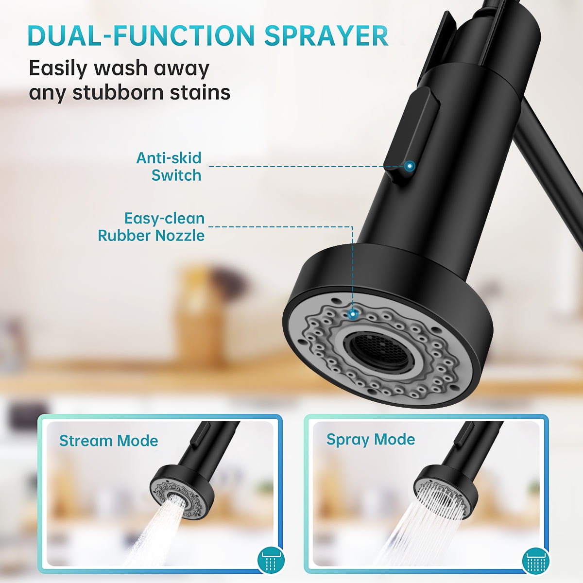 Kitchen Faucet w/ Pull Down Sprayer, High Arc Spring Kitchen Sink Faucet, Modern rv Single Handle Water faucets with Deck Plate&Water Lines, Dual Function for Bar/Laundry/Utility Sink(Matte Black)
