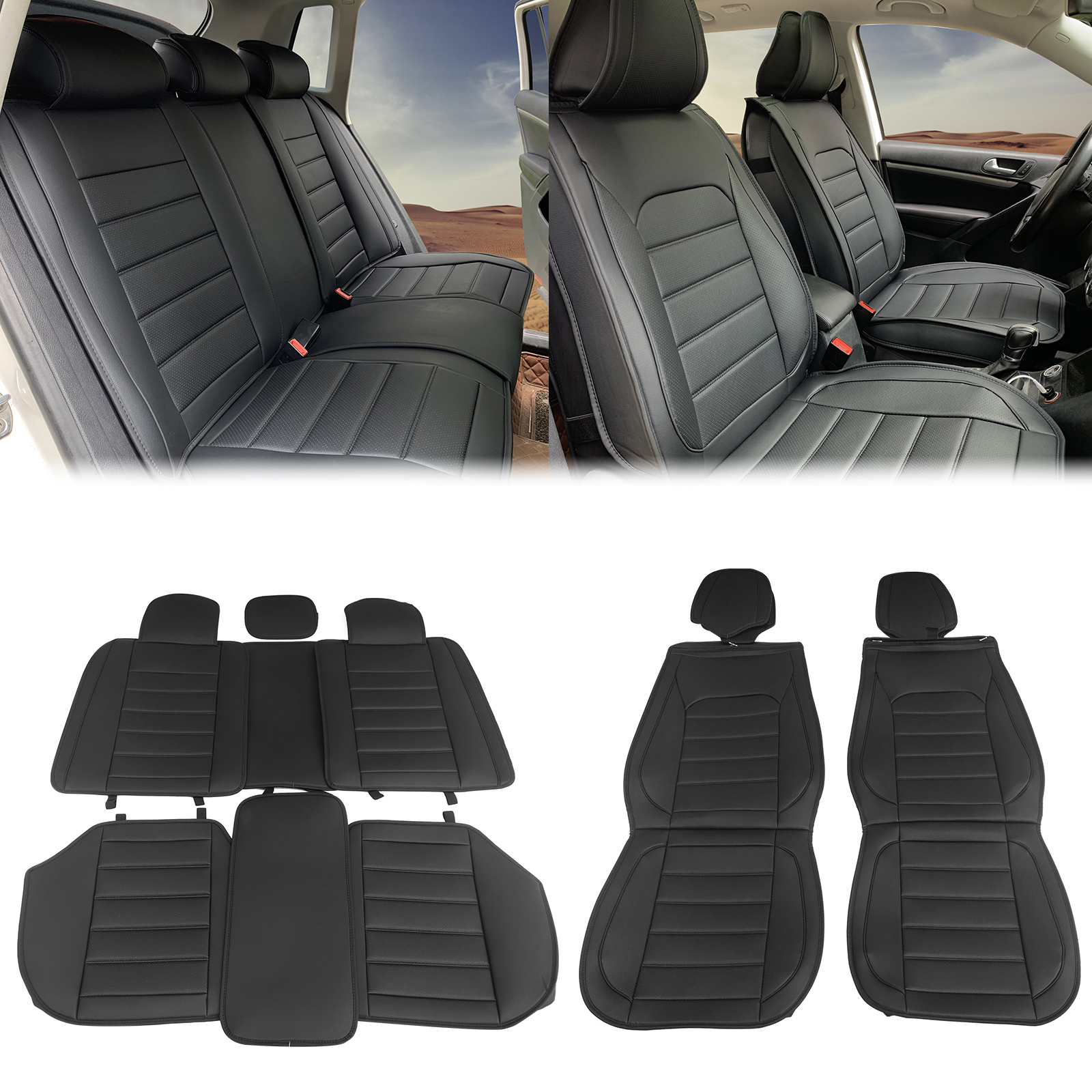 Ikon Motorsports Car Seat Covers Compatible with Universal 01 Style Black PU Leather Front & Rear Auto Seat Cover Cushion Protectors 5 Seats Full Set