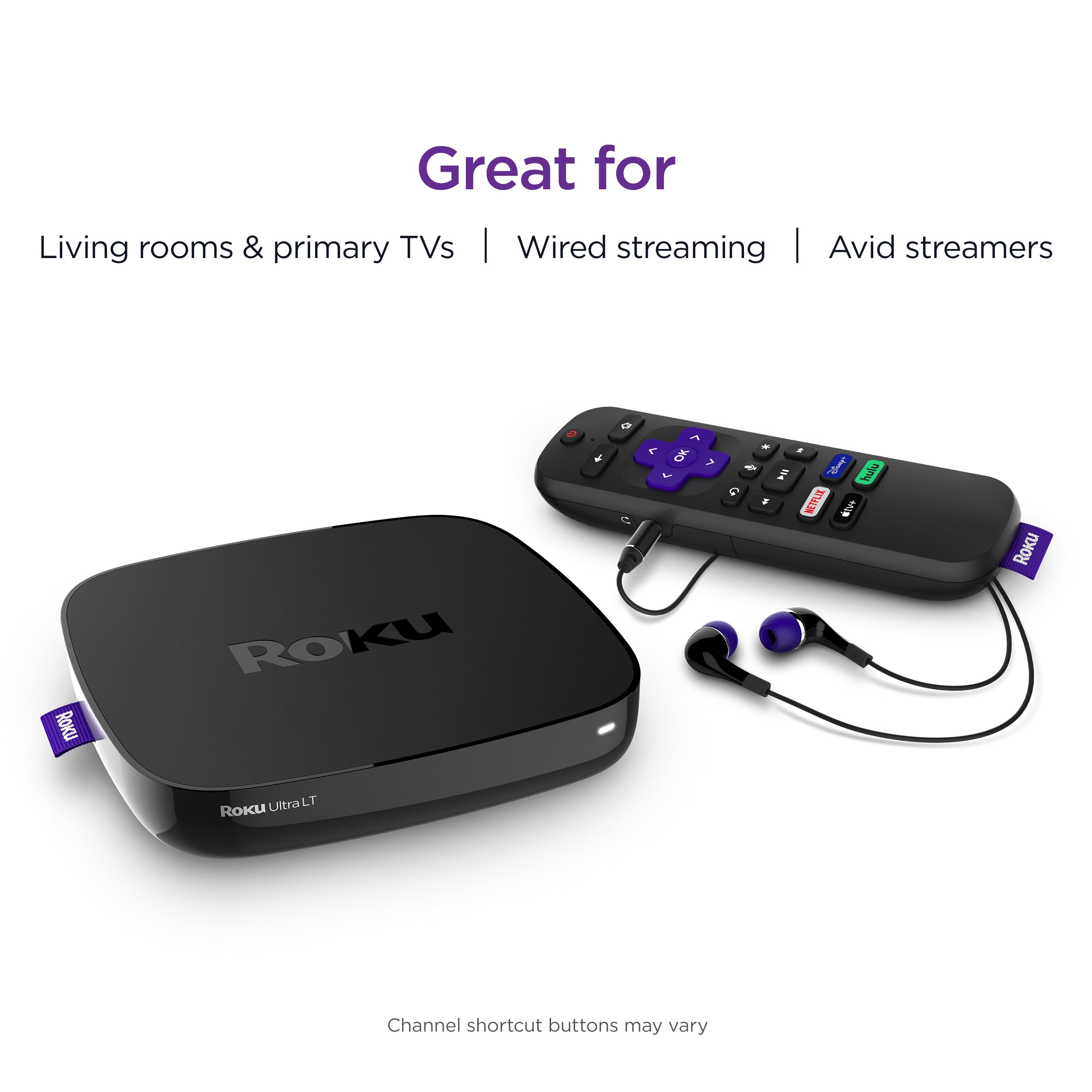 Bedrift Give gavnlig Roku Ultra LT 2019 HD/4K/HDR Streaming Device with Ethernet Port and Roku  Voice Remote with Headphone Jack, includes Headphones - Walmart.com