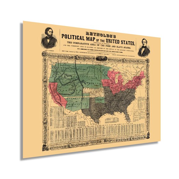 1856 United States Political Map - Pre Civil War Map Displaying Free and Slave States and Territory Open to Slavery or Freedom with Statistics - US History Map