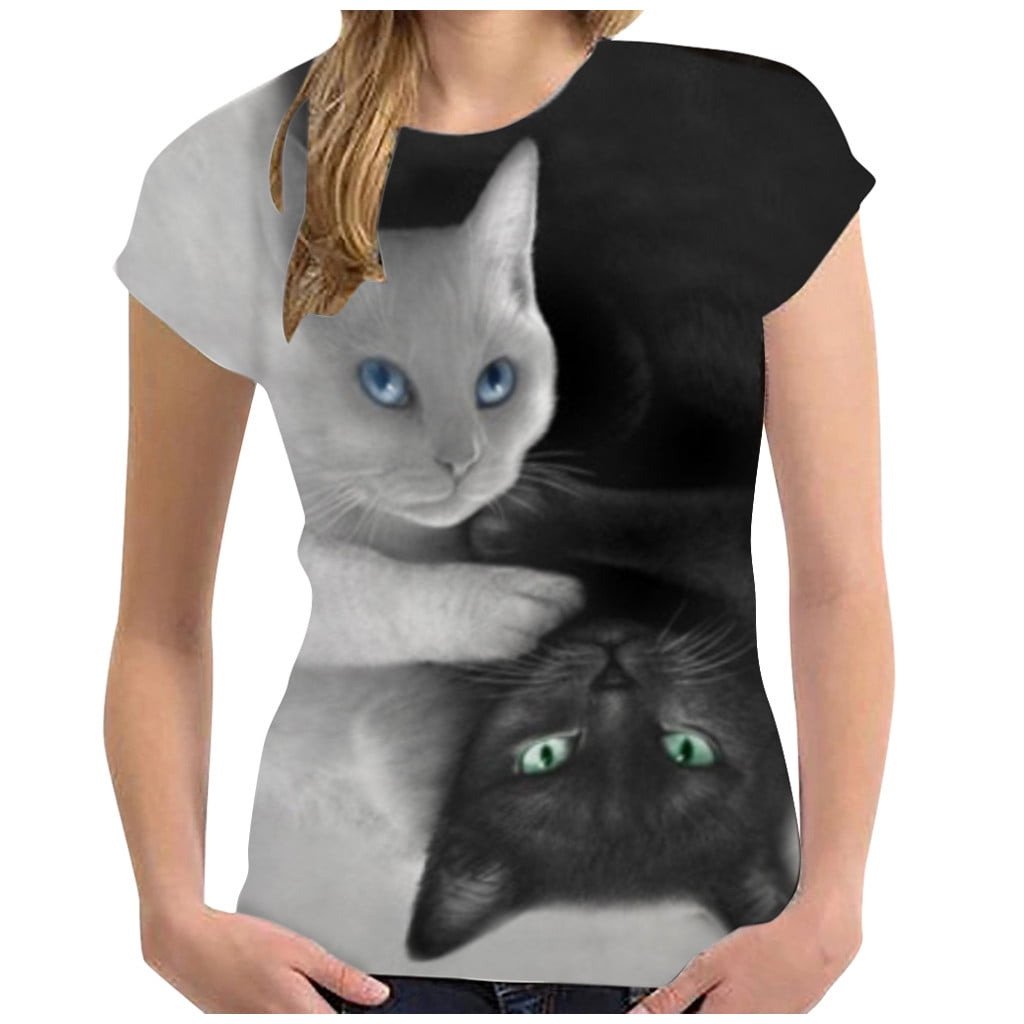 Yuelianxi Womens 3D Cat Print Casual T-Shirt Summer Sleeve O-neck T -