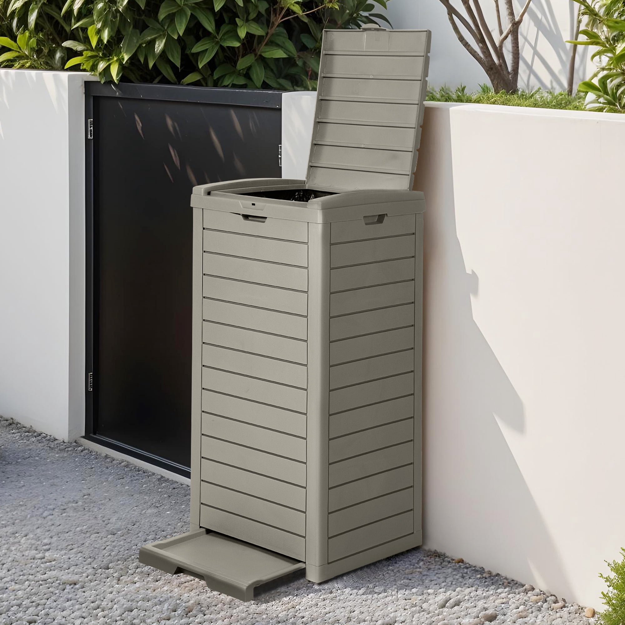 Uforic 31 Gallon Large Outdoor Trash Bin, Waterproof Resin Garbage Can with Lid & Drip Tray, Light Brown Waste Container for Porch & Backyard