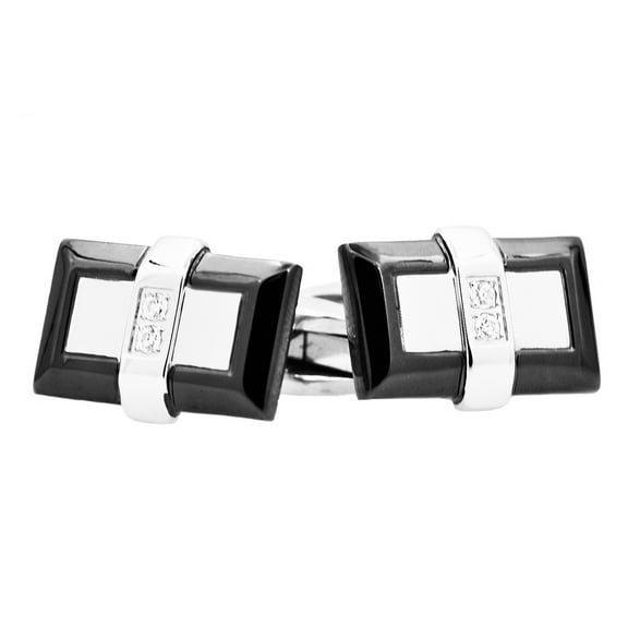 Arista Round Cubic Zirconia Diamonds Men's Cuff Links in Black Plated Stainless Steel