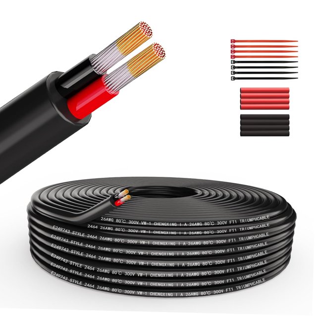 czcpp-26 Gauge Electrical Wire 2 Core Conductor 26/2 AWG 0.15mm² Extension Stranded PVC Oxygen-Free Copper Cord Cable 50FT/15.24M Low Voltage Tinned Copper Cable for LED Automotive Battery Marine