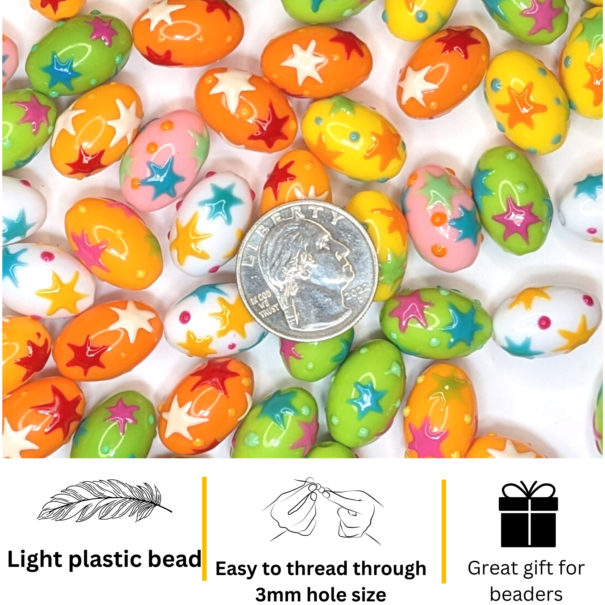 Plastic Oval Beads, Craft Easter Beads for Making Jewelry, DIY Bracelet Beads Bulk, Basket Stuffers, Sparks, 100 Pcs