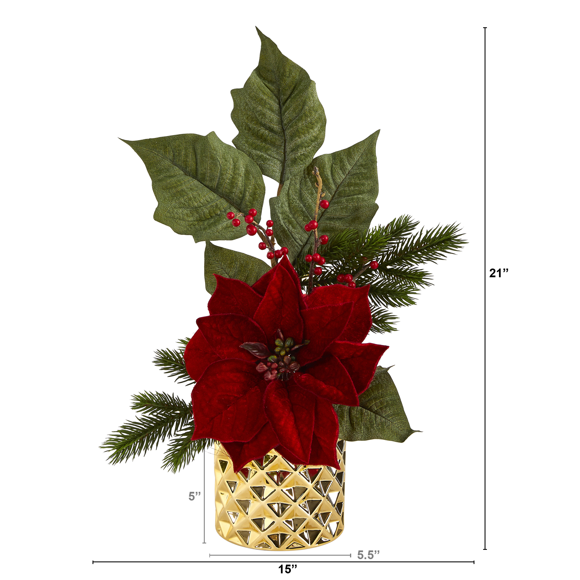 Nearly Natural 21" Poinsettia, Berries and Pine Artificial Arrangement in Gold Vase, Red