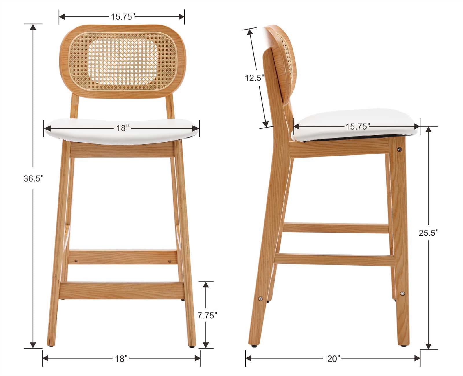 Dayalane Rattan Counter Height Bar Stools Set of 2, 26" Mid Century Modern Wood Farmhouse Barstools with Footrest, PU Upholstered Kitchen Island Chairs for Pub Restaurant, White